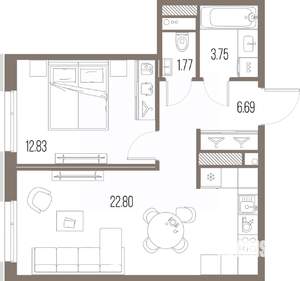 1-к квартира, строящийся дом, 48м2, 2/10 этаж