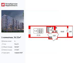 1-к квартира, вторичка, 36м2, 9/12 этаж