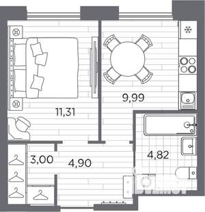 1-к квартира, строящийся дом, 34м2, 7/12 этаж