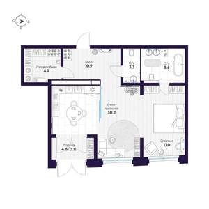 1-к квартира, строящийся дом, 79м2, 1/9 этаж