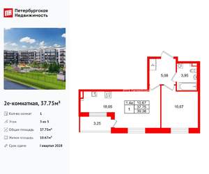 1-к квартира, вторичка, 38м2, 3/5 этаж