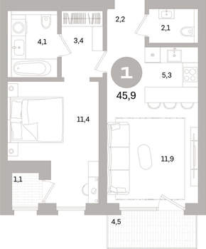 1-к квартира, вторичка, 46м2, 3/17 этаж