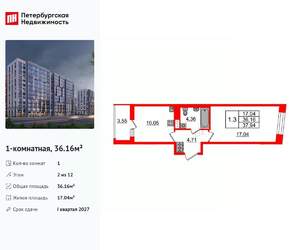 1-к квартира, вторичка, 36м2, 2/12 этаж