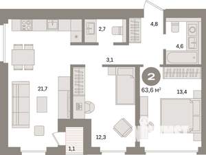 2-к квартира, вторичка, 64м2, 3/17 этаж