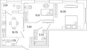 2-к квартира, строящийся дом, 54м2, 3/15 этаж