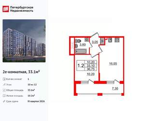 1-к квартира, вторичка, 33м2, 10/12 этаж