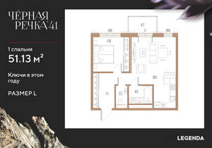 1-к квартира, вторичка, 51м2, 8/9 этаж
