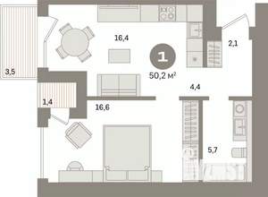 1-к квартира, вторичка, 50м2, 3/17 этаж