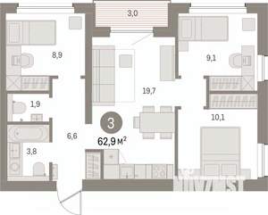 3-к квартира, вторичка, 62м2, 4/12 этаж