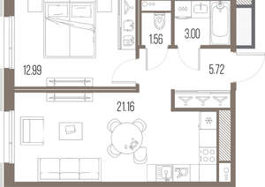 1-к квартира, строящийся дом, 44м2, 5/10 этаж