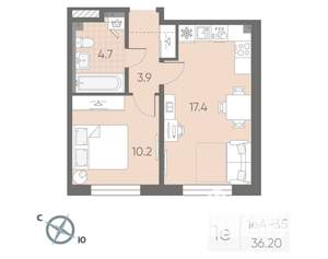 1-к квартира, вторичка, 36м2, 2/4 этаж