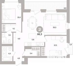 2-к квартира, вторичка, 86м2, 8/15 этаж