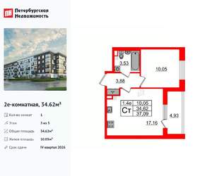 1-к квартира, вторичка, 35м2, 3/5 этаж