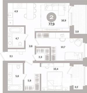 2-к квартира, вторичка, 78м2, 12/16 этаж