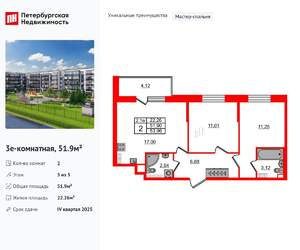 2-к квартира, вторичка, 52м2, 5/5 этаж