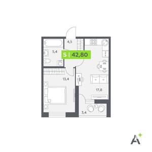 2-к квартира, строящийся дом, 43м2, 2/12 этаж