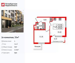 1-к квартира, вторичка, 35м2, 1/4 этаж