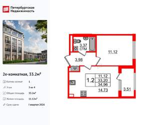 1-к квартира, вторичка, 33м2, 3/4 этаж