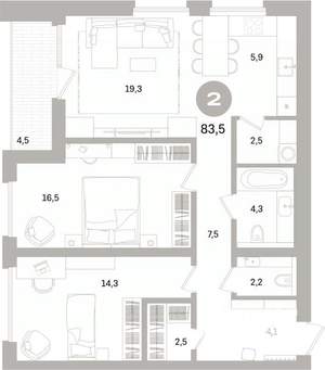 2-к квартира, вторичка, 84м2, 4/16 этаж
