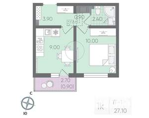 1-к квартира, строящийся дом, 27м2, 6/23 этаж