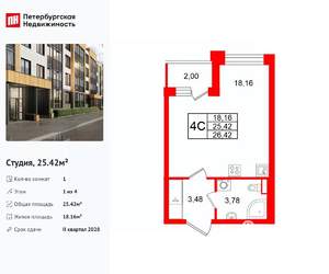 Студия квартира, вторичка, 25м2, 1/4 этаж