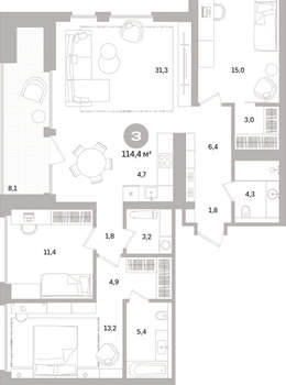3-к квартира, вторичка, 114м2, 15/16 этаж