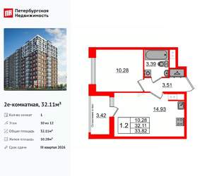 1-к квартира, вторичка, 32м2, 10/12 этаж