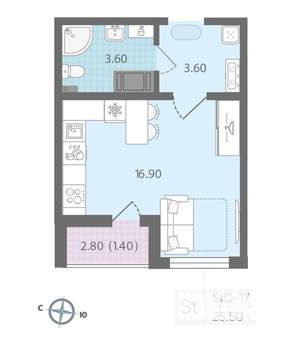 Студия квартира, строящийся дом, 27м2, 17/23 этаж