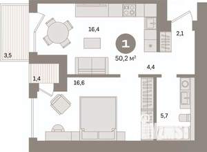 1-к квартира, вторичка, 50м2, 6/17 этаж