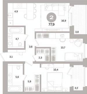 2-к квартира, вторичка, 78м2, 3/16 этаж