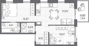 2-к квартира, вторичка, 54м2, 2/7 этаж