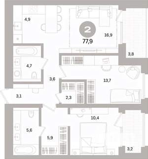 2-к квартира, вторичка, 78м2, 13/16 этаж