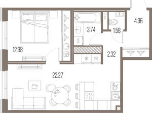 1-к квартира, строящийся дом, 48м2, 4/10 этаж