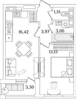 1-к квартира, строящийся дом, 39м2, 13/17 этаж
